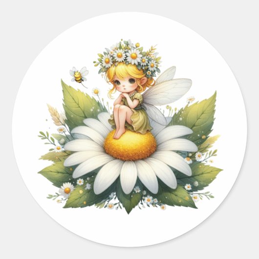 Waterverf Daisy Fairy Ronde Sticker (Voorkant)