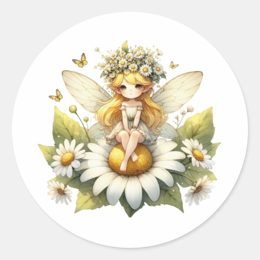 Waterverf Daisy Fairy Ronde Sticker (Voorkant)