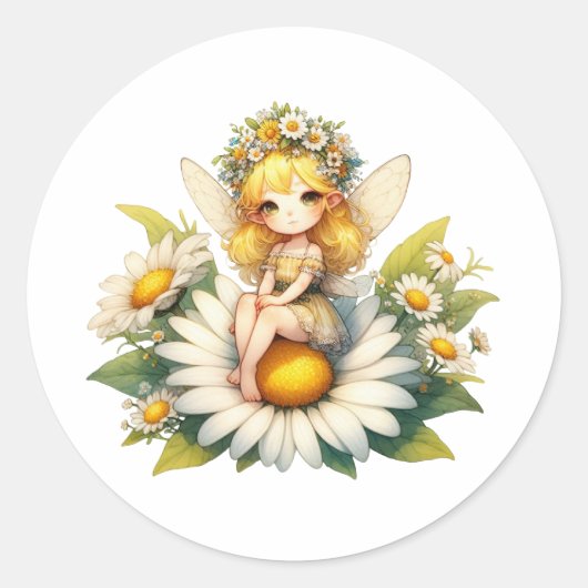 Waterverf Daisy Fairy Ronde Sticker (Voorkant)
