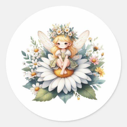 Waterverf Daisy Fairy Ronde Sticker (Voorkant)