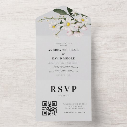 Waterverf Daisy Floral Delicate QR Code Weddenscha All In One Uitnodiging (Binnen)