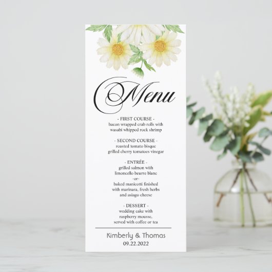 Waterverf Daisy Flowers Wedding Dinner Menu (Staand voorkant)