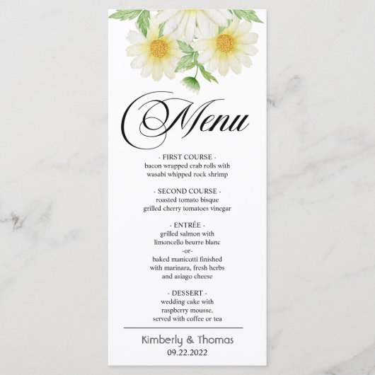 Waterverf Daisy Flowers Wedding Dinner Menu (Voorkant)
