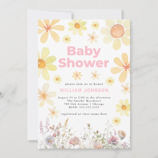 Waterverf Daisy Meisje Roze Baby shower Invitation Kaart (Voorkant)