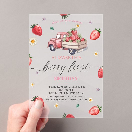 Waterverf Daisy Strawberry Truck Baby shower Acryl Uitnodigingen (Insitu (Draagbaar))