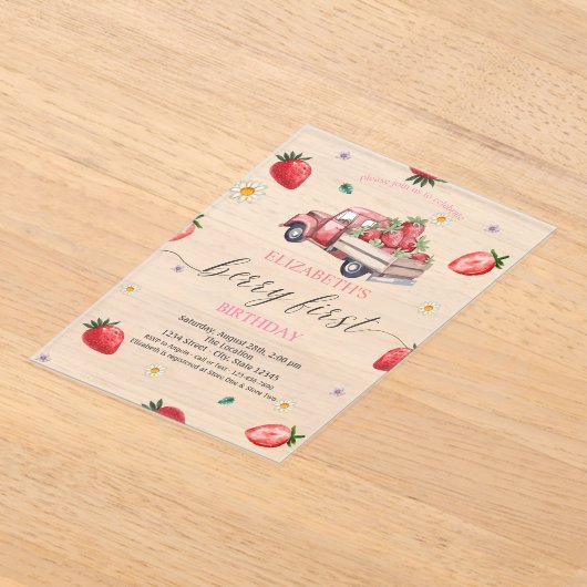 Waterverf Daisy Strawberry Truck Baby shower Acryl Uitnodigingen (Laagn)
