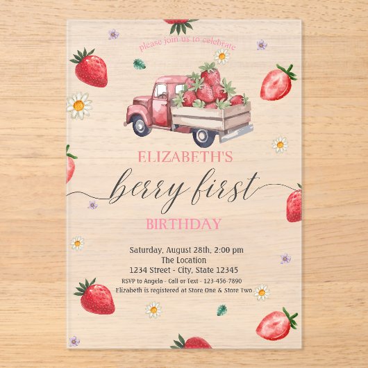 Waterverf Daisy Strawberry Truck Baby shower Acryl Uitnodigingen (Voorkant)