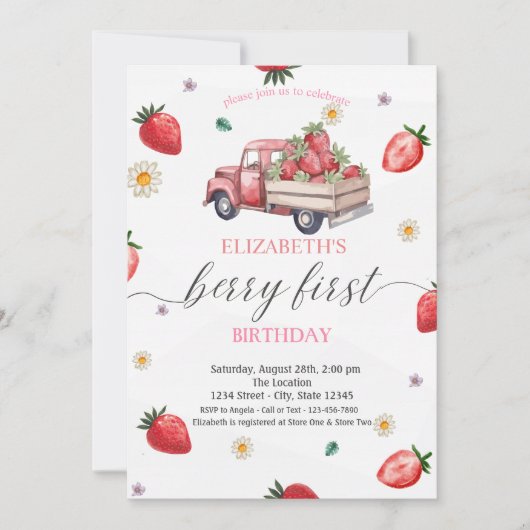 Waterverf Daisy Strawberry Truck Baby shower Kaart (Voorkant)