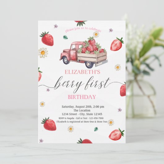 Waterverf Daisy Strawberry Truck Baby shower Kaart (Staand voorkant)