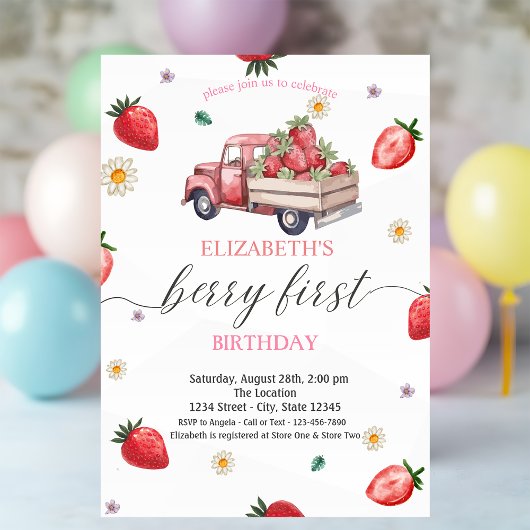 Waterverf Daisy Strawberry Truck Baby shower Kaart