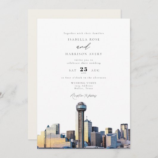 Waterverf Dallas Texas Skyline Wedding Uitnodiging (Voorkant / Achterkant)