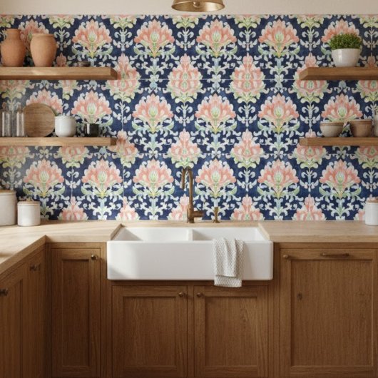 Waterverf Damask Navy Coral Green Decoratief Tegeltje