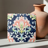 Waterverf Damask Navy Coral Green Decoratief Tegeltje