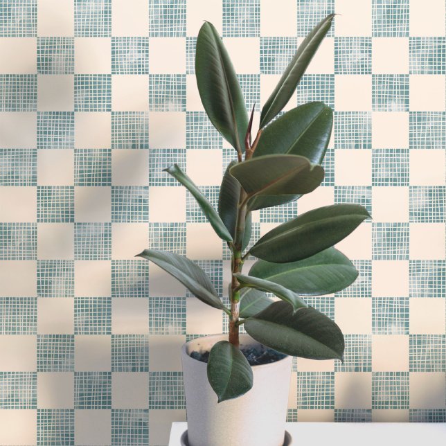 Waterverf Dambord Zee Schuim Crème Geometrisch Behang (Geometric checker square patterned watercolor sea foam blue green and cream wallpaper)