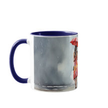 Waterverf dame in de regen paraplu rode jurk Mok