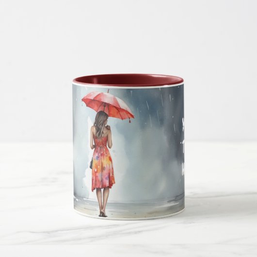 Waterverf dame in de regen paraplu rode jurk Mok (Midden)