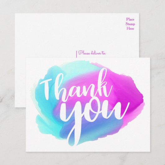 Waterverf Dank u Blauw, Paarse & Turquoise Briefkaart (Voorkant / Achterkant)