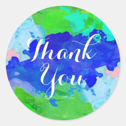 Waterverf Dank u Blauwe Groene Splatter geborsteld Ronde Sticker (Voorkant)