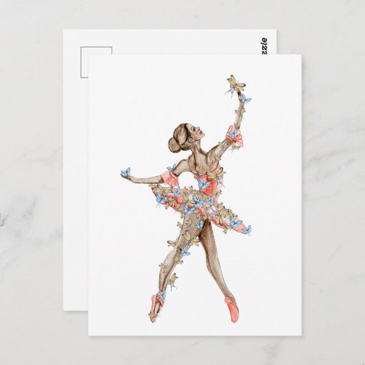 Waterverf dansende ballerina met vlinder briefkaart (Voorkant / Achterkant)