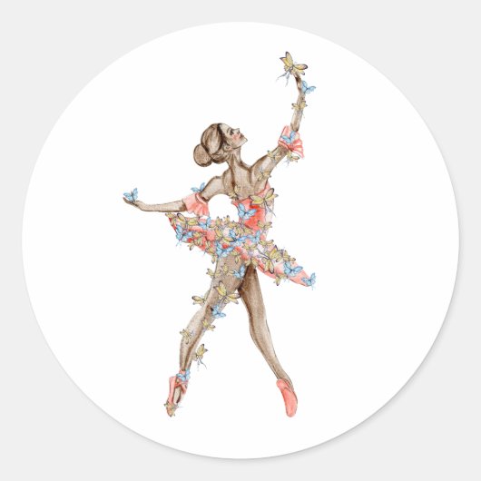 Waterverf dansende ballerina met vlinder ronde sticker (Voorkant)