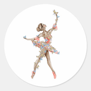 Waterverf dansende ballerina met vlinder ronde sticker