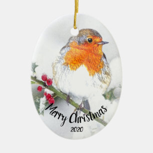 Waterverf Dated English Robin Merry Kerstmis Keramisch Ornament