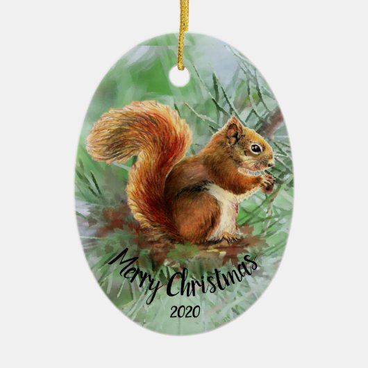 Waterverf Dated Squirrel Animal Merry Kerstmis Keramisch Ornament (Voorkant)