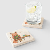 Waterverf de heer Fox With Tea and Macaroons Stenen Onderzetter (Zijkant)