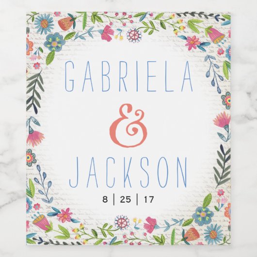 Waterverf de heer&mevrouw | Floral | Eigen waslabe Wijn Etiket (Enkel label)