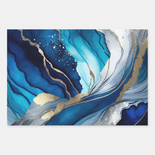 Waterverf Deep Blue, Silver en Gold Alcoholinkt Inpakpapier Vel (Voorkant 3)