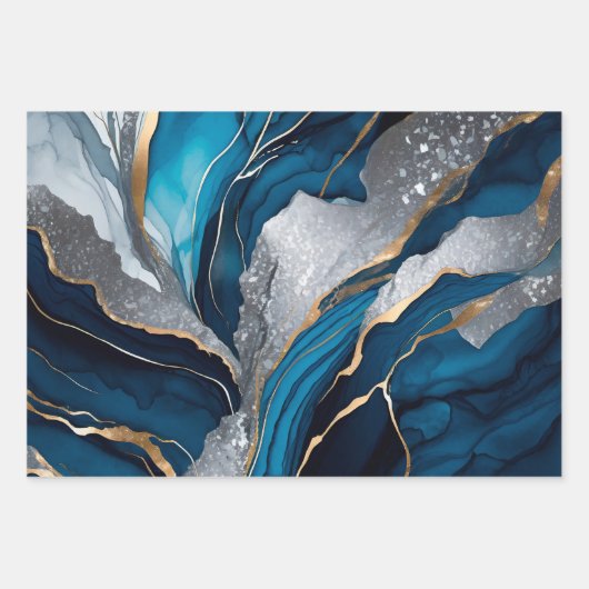 Waterverf Deep Blue, Silver en Gold Alcoholinkt Inpakpapier Vel (Voorkant 2)