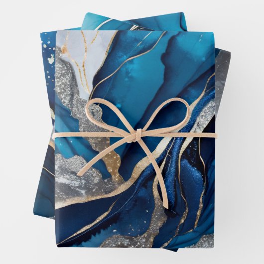 Waterverf Deep Blue, Silver en Gold Alcoholinkt Inpakpapier Vel (In situ)
