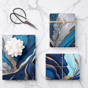 Waterverf Deep Blue, Silver en Gold Alcoholinkt Inpakpapier Vel