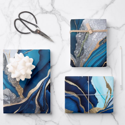 Waterverf Deep Blue, Silver en Gold Alcoholinkt Inpakpapier Vel (Voorkant)
