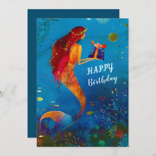Waterverf Deep Blue Zee Glitter Mermaid Feestdagenkaart (Voorkant / Achterkant)