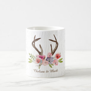 Waterverf Deer Antlers Wildbloemen Faux Bois Koffiemok