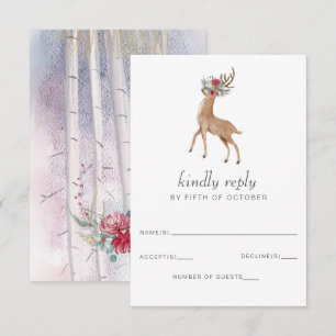 Waterverf Deer Floral Antler Pine Winter Weddensch RSVP Kaartje