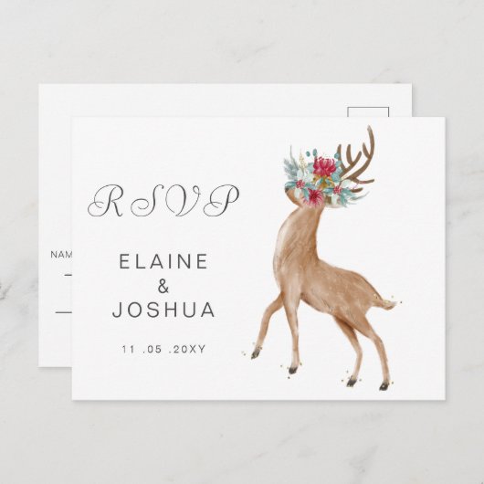 Waterverf Deer Floral Antler Rustic Wedding Rsvp Uitnodiging Briefkaart (Voorkant / Achterkant)
