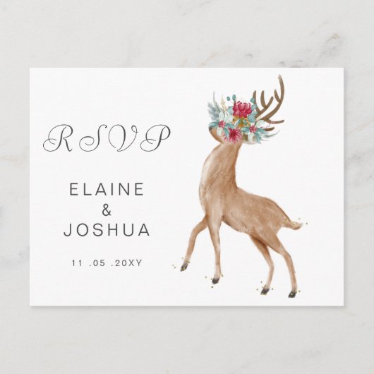 Waterverf Deer Floral Antler Rustic Wedding Rsvp Uitnodiging Briefkaart (Voorkant)