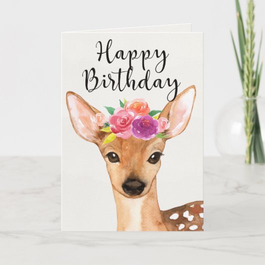 Waterverf Deer & Flowers - Happy Birthday Kaart (Voorkant)