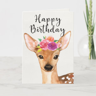 Waterverf Deer & Flowers - Happy Birthday Kaart