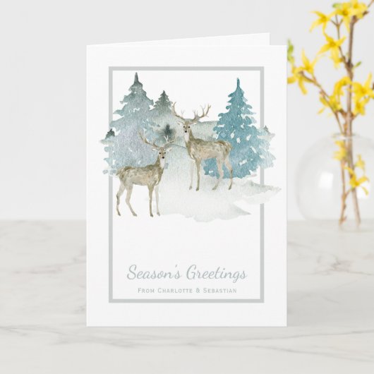 Waterverf Deer in de kerstwinter met de bomen Kaart (Gele Bloem)