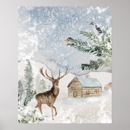 Waterverf Deer in Winterboskerst Poster (Voorkant)