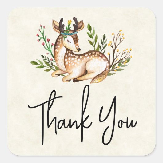 Waterverf Deer Lading Down Boho Dank u Vierkante Sticker (Voorkant)