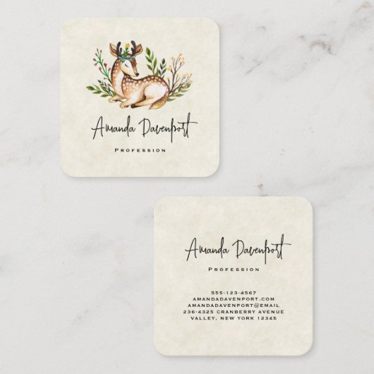  Waterverf Deer Laing Down Boho Square Vierkante Visitekaartje (Voorkant / Achterkant)