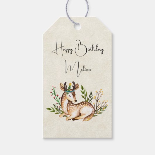 Waterverf Deer Laking Down Boho Birthday Cadeaulabel (Voorkant)