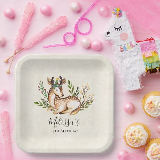  Waterverf Deer Laking Down Boho Birthday Papieren Bordje (Feest)