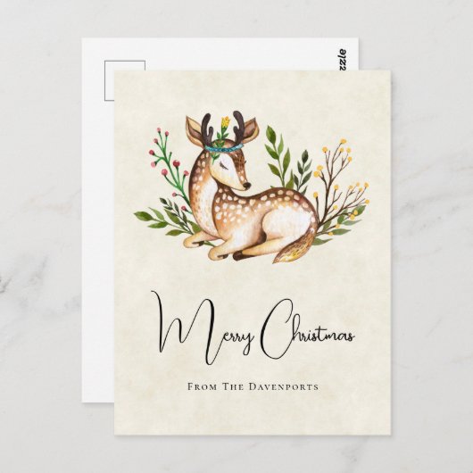 Waterverf Deer Laking Down Boho Kerstmis Briefkaart (Voorkant / Achterkant)