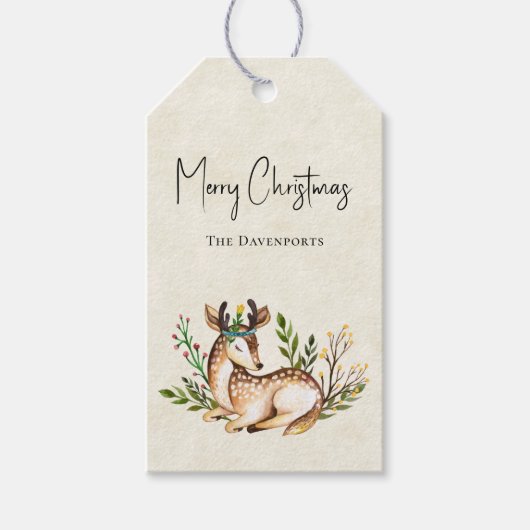  Waterverf Deer Laking Down Boho Kerstmis Cadeaulabel (Voorkant)