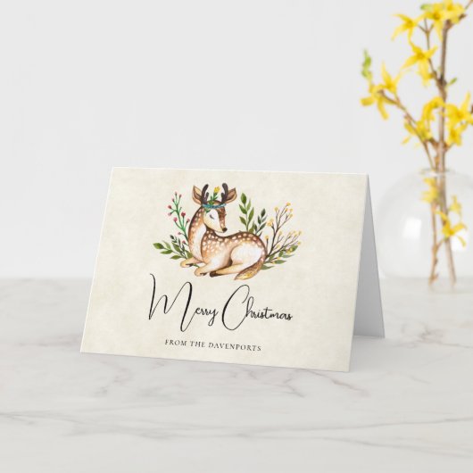  Waterverf Deer Laking Down Boho Kerstmis Kaart (Gele Bloem)